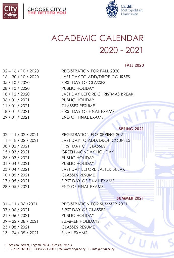 Academic Calendar 2020-2021 | City Unity College Nicosia